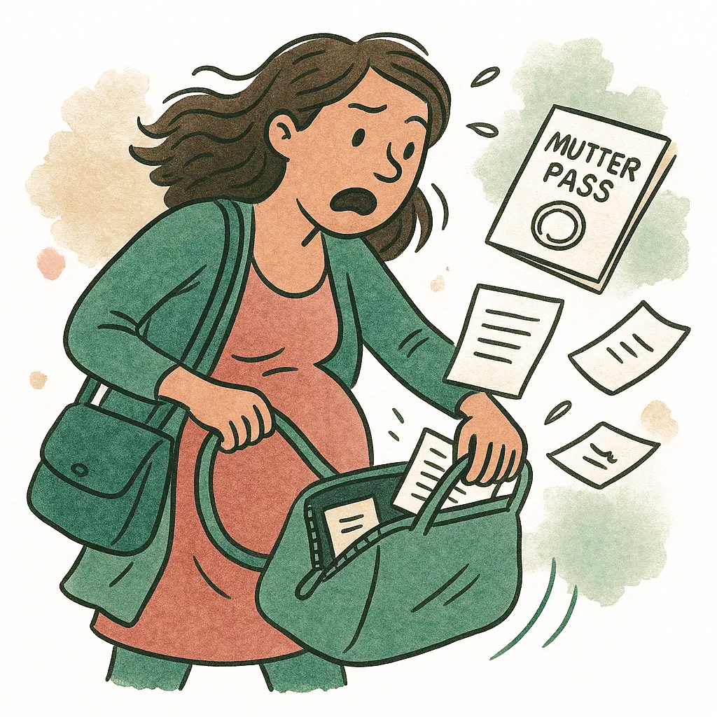 Schwangere Frau durchsucht hektisch Kliniktasche